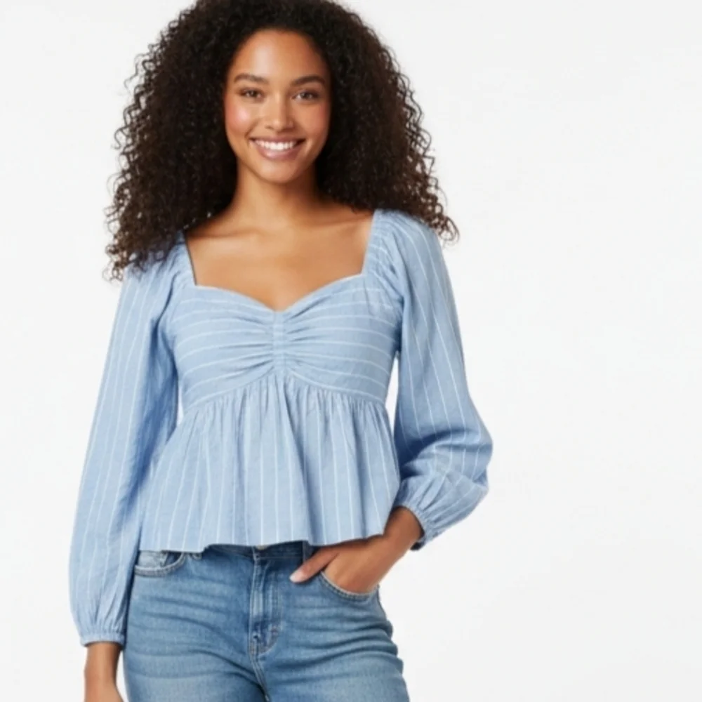 Old Navy Sweetheart Neckline Puff Sleeve Top Blue Stripe Size M New With Tags